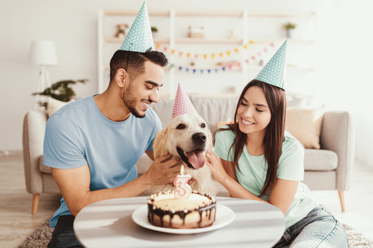 A couple, wearing party hats, happily celebrates their dog's third birthday at home. They smile at their golden retriever, who enjoys a cake on the table decorated for the special occasion.