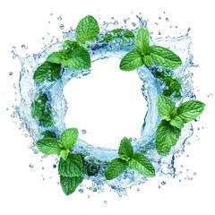 Fresh green mint leaves with water splash in circular frame