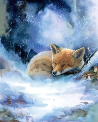 Obraz premium Dreaming Fox in a Winter Wonderland: A tranquil, sleeping fox rests amidst a serene snowy landscape. The illustration captures the serenity and magic of winter's embrace.