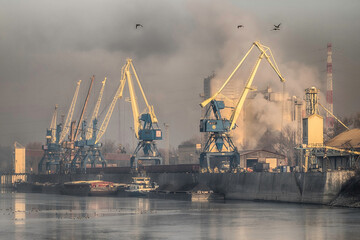 Fototapeta premium Industrial harbor cranes operating in winter haze. Cargo port, ships and cranes in cold seasonal atmosphere.