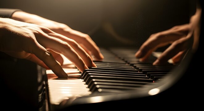 Hands playing piano in warm light for music concept and artistic inspiration