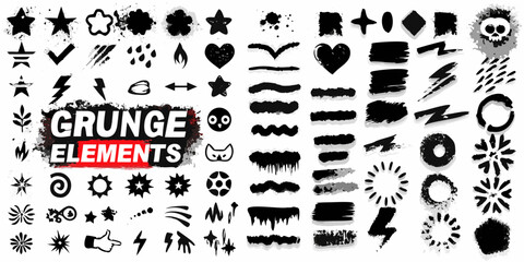 Collection of black grunge graphic design elements and icons with distressed textures