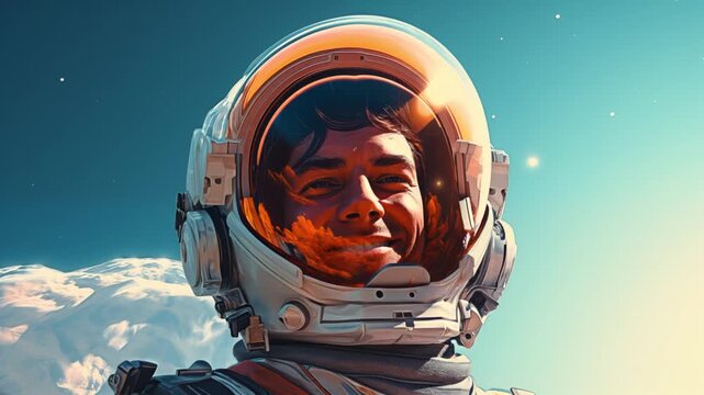 Smiling astronaut basks in sunlight above snowy alien landscape animation video, ai generated. Cosmonaut eyes closed in peace animated footage clip seamless HD motion graphics. Science fiction concept