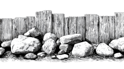 Realistic wood planks and natural rocks vector illustration showing rustic outdoor texture design isolated on white background for creative projects
