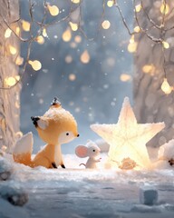 Obraz premium Winter Wonderland Serenade: A heartwarming scene unfolds as a charming fox and a gentle mouse share a moment of wonder amidst a snow-kissed landscape, with twinkling lights.