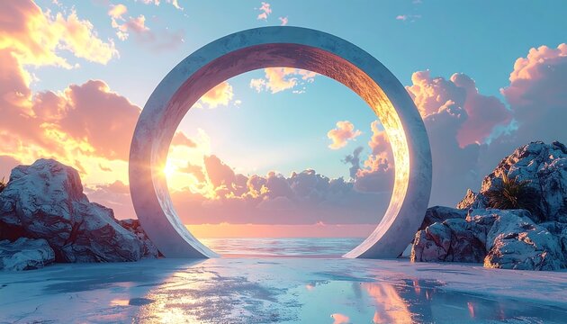 Dreamy landscape with a large, circular gateway overlooking calm water under a pastel sky at sunset - Powered by Adobe