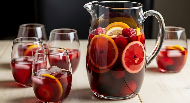 A clear glass pitcher filled with red sangria and fruit slices sits on a light wooden table next to several glasses of sangria with ice