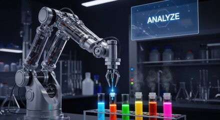 Robotic arm performing precise analysis on colorful liquid samples in futuristic laboratory setting, for scientific research, automation, innovation, advanced technological development in