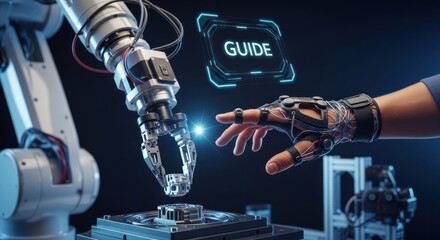 Robotic arm human hand wearing motion capture glove interacting with digital interface with word "guide", for advanced technology, future innovation, virtual reality, human-machine