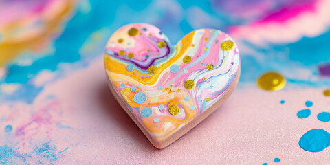A colorful heart shaped object with swirls and dots on a vibrant background with paint splatters