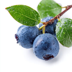Blueberry close up with water droplets and green leaves on branch