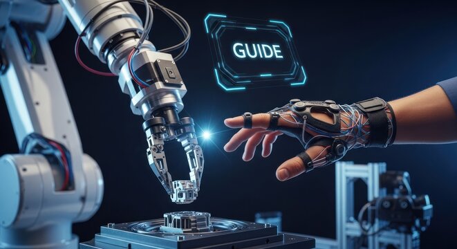 Robotic arm human hand wearing motion capture glove interacting with digital interface with word "guide", for advanced technology, future innovation, virtual reality, human-machine - Powered by Adobe