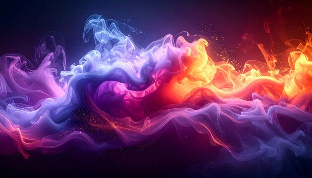 Ethereal flowing swirls blend purple, blue, pink and orange shades on dark backdrop