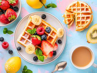 Delicious waffles with fresh berries and fruit breakfast spread