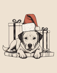 Cute christmas dog in santa hat lying among gift boxes hand drawn festive illustration