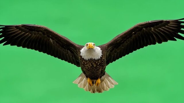 Bald eagle in flight wings spread wide, front view, against a green screen background