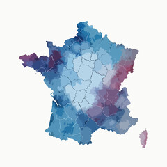 Watercolor political map of France with highlighted regions in blue and purple tones