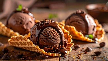 Delicious chocolate ice cream scoops in waffle bowls with chocolate sauce.