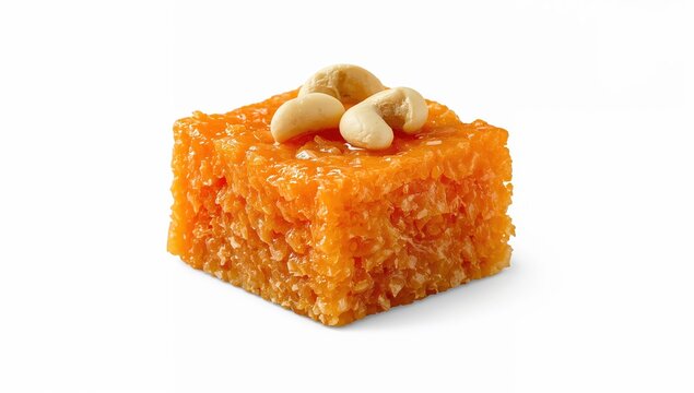 Festival of colors sweet delight  traditional indian orange burfi dessert with cashews on white background