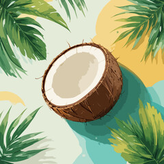 Half coconut with tropical palm leaves on abstract sand and sea summer background