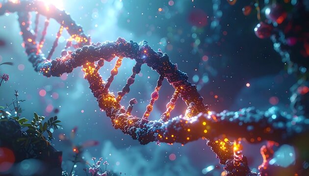 Ethereal, glowing DNA helix amidst lush foliage, soft lighting, & bokeh, creating a dreamlike, organic, & biological scene