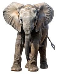 Fototapeta premium An inquisitive young elephant stands on a white background.