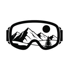  "Silhouette vector icon of ski goggles framing a winter mountain landscape.