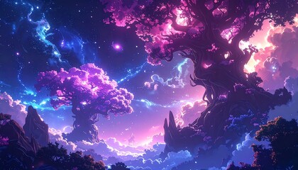 Dreamy nightscape of towering trees with pink leaves against a nebula-filled, vibrant, atmospheric, blue and purple sky