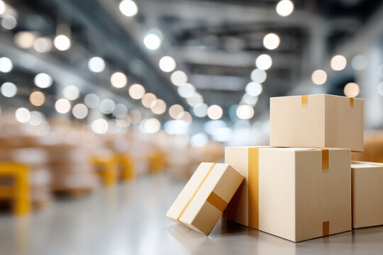 Futuristic warehouse filled with numerous packages stacked neatly, highlighting advanced logistics and digital infrastructure. The setting emphasizes connectivity and efficiency in operations