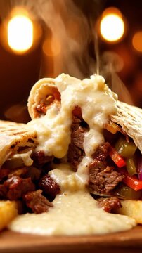 Deliciously Cheesy Steak Wrap Overflowing with Savory Filling and Steaming Hot