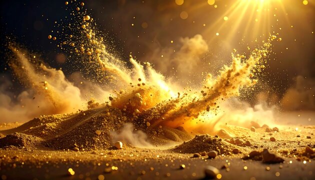 Ethereal golden dust explosion illuminated by a radiant light source over a textured surface