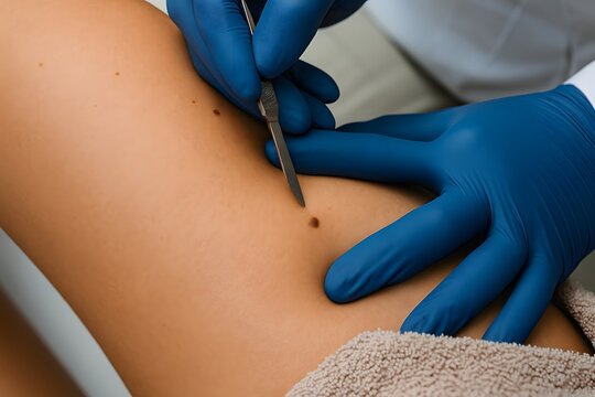 A healthcare professional uses a scalpel to remove a mole from the skin, illustrating a common dermatological procedure for skin health.