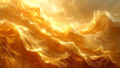 Ethereal golden fluid swirls, bright with inner light, resembling flowing, liquid energy or abstract waves of amber