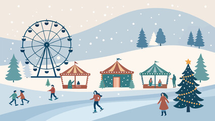 Winter fair scene with ferris wheel, tents, christmas tree, and people enjoying the festive atmosphere