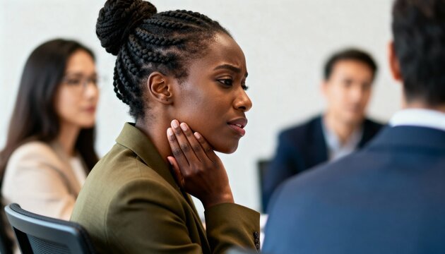 Stressed black woman with a painful expression during a corporate meeting. Concerned businesswoman thinking about a difficult problem at work. Concept of workplace anxiety and pressure - Powered by Adobe