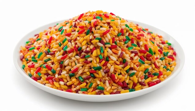 Vibrant colored rice for festival of colors celebration, traditional holi food on white plate highlighting multicultural festive spirit