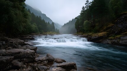 Misty river cascades over rocks through a forested mountain valley under an overcast sky