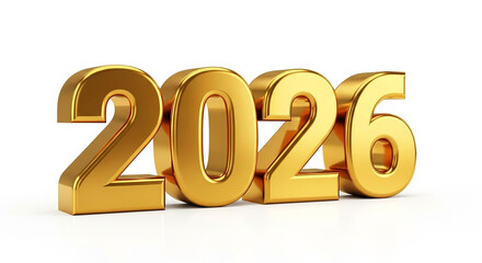 Shiny golden 3d numbers representing the year 2026 on a white background