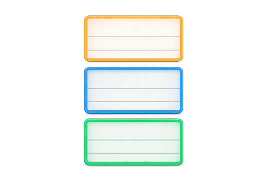 Colorful blank labels with lines 3d rendering for name tags, text boxes, and placeholders on transparent background