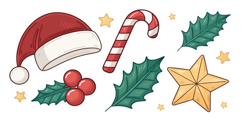 Vector illustration of christmas  illustration of christmas santa hat candy cane holly and stars