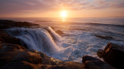 A dramatic waterfall cascades into the ocean during a vibrant sunset with waves crashing against rocky shores