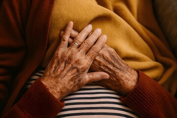 Fototapeta premium Close-up of aged hands resting on abdomen, symbolizing comfort, aging, reflection, and compassionate care in a warm setting.