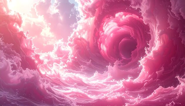 Dreamy, pink, swirling clouds fill the sky, resembling water. Gentle sun rays peak through the ethereal cloudscape