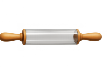 Glass rolling pin with light brown wooden handles, used for rolling out dough in baking, food preparation, and cooking