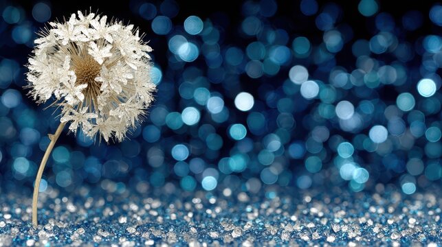 Close-up of dandelion with sparkling blue bokeh background