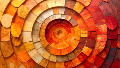 Fototapeta premium Circular abstract artwork composed of leaf and wood fragments in autumn hues