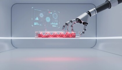 Robotic arm interacting with a futuristic DNA helix structure on a holographic display in a clean, modern laboratory setting, representing genetic research and biotechnology innovation