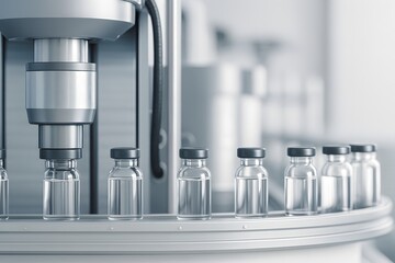 Clear glass vials with black caps on a circular conveyor system, highlighting automated pharmaceutical manufacturing and sterile production.