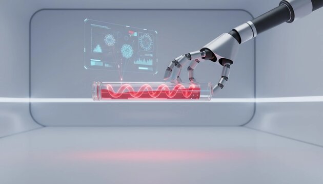 Robotic arm interacting with a futuristic DNA helix structure on a holographic display in a clean, modern laboratory setting, representing genetic research and biotechnology innovation