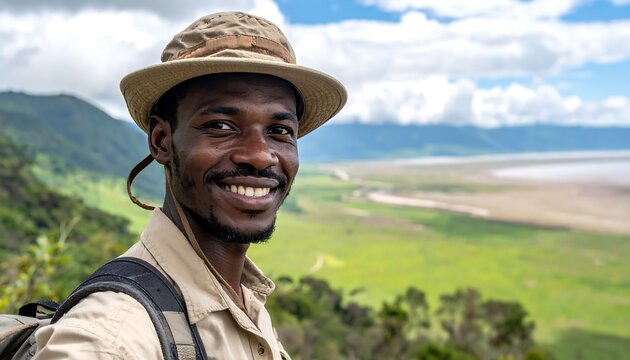 Smiling African Man in Safari Outfit with Scenic Landscape.